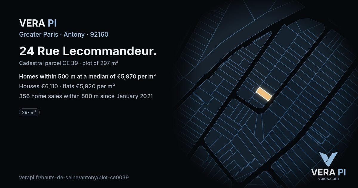 24 Rue Lecommandeur, Antony at night – the plot lit, the parcels around coloured by the prices near them
