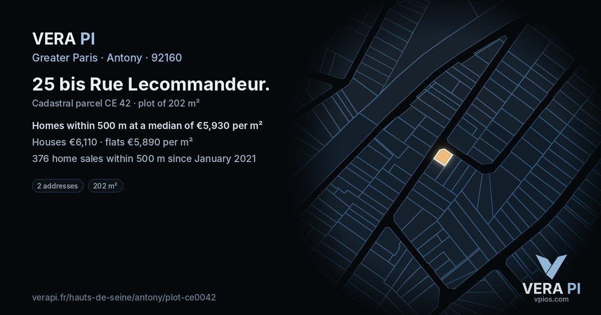 25 bis Rue Lecommandeur, Antony at night – the plot lit, the parcels around coloured by the prices near them