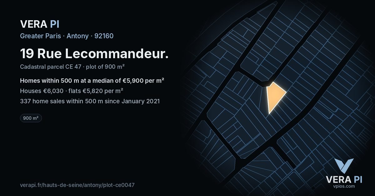 19 Rue Lecommandeur, Antony at night – the plot lit, the parcels around coloured by the prices near them