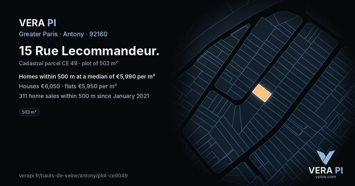 15 Rue Lecommandeur, Antony at night – the plot lit, the parcels around coloured by the prices near them