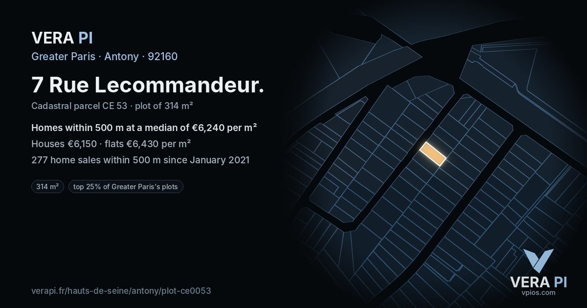 7 Rue Lecommandeur, Antony at night – the plot lit, the parcels around coloured by the prices near them