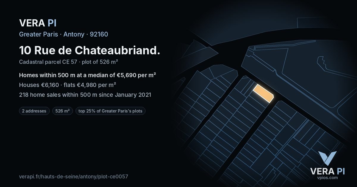 10 Rue de Chateaubriand, Antony at night – the plot lit, the parcels around coloured by the prices near them