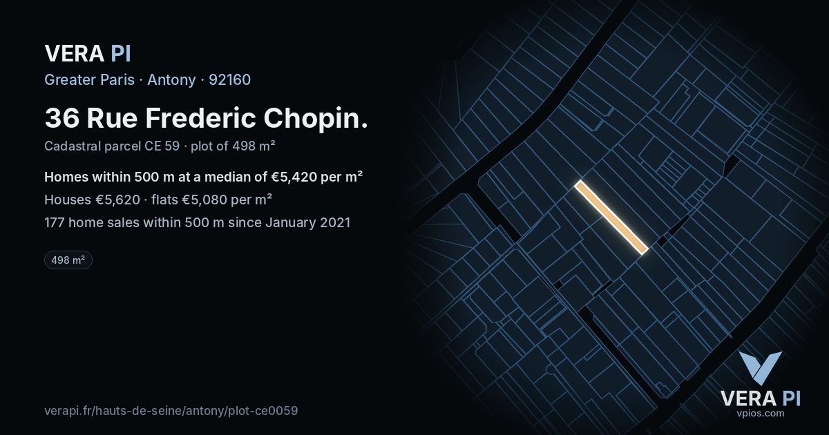 36 Rue Frederic Chopin, Antony at night – the plot lit, the parcels around coloured by the prices near them