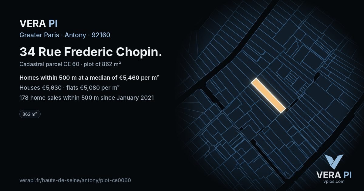 34 Rue Frederic Chopin, Antony at night – the plot lit, the parcels around coloured by the prices near them