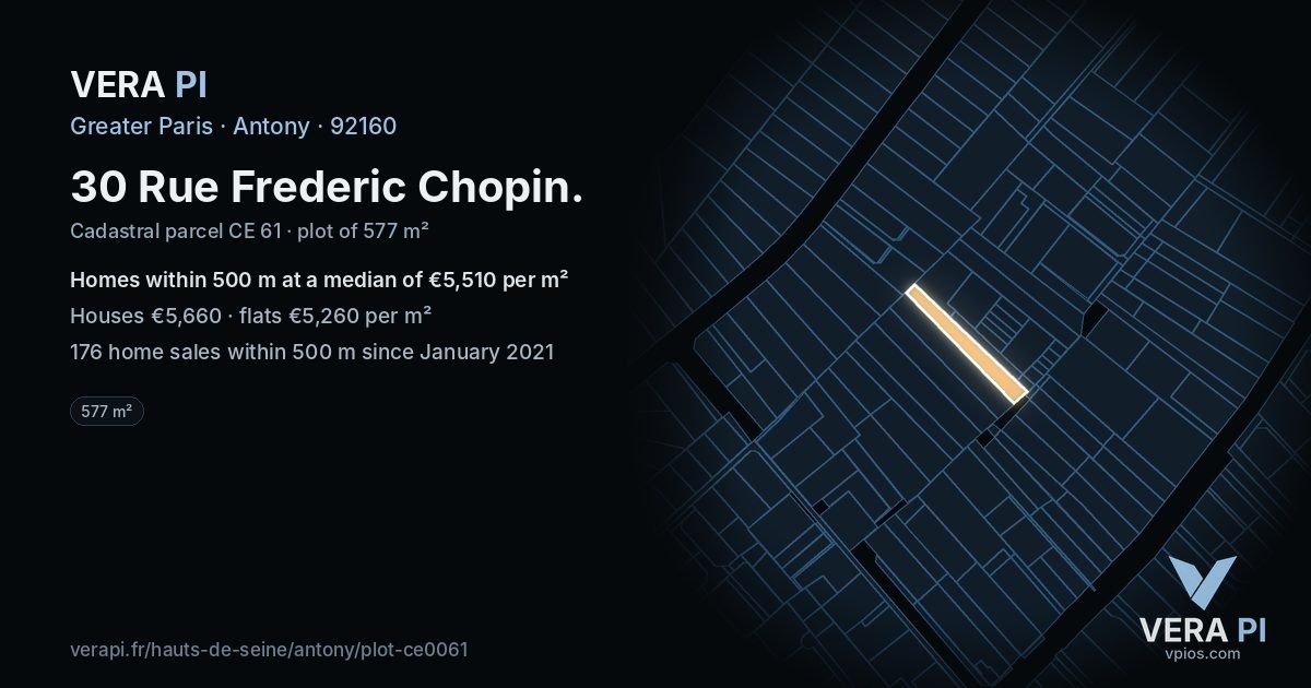 30 Rue Frederic Chopin, Antony at night – the plot lit, the parcels around coloured by the prices near them