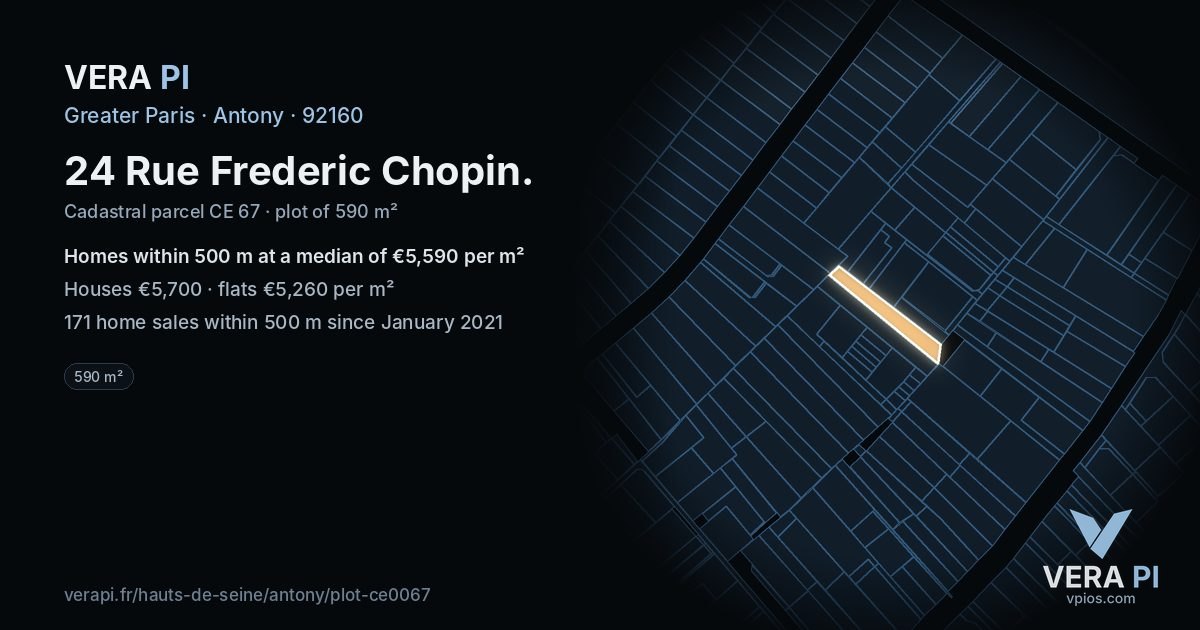 24 Rue Frederic Chopin, Antony at night – the plot lit, the parcels around coloured by the prices near them
