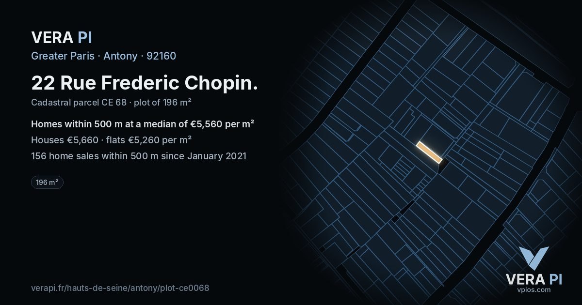 22 Rue Frederic Chopin, Antony at night – the plot lit, the parcels around coloured by the prices near them