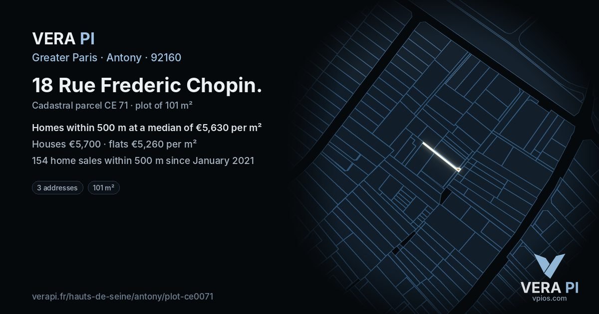 18 Rue Frederic Chopin, Antony at night – the plot lit, the parcels around coloured by the prices near them