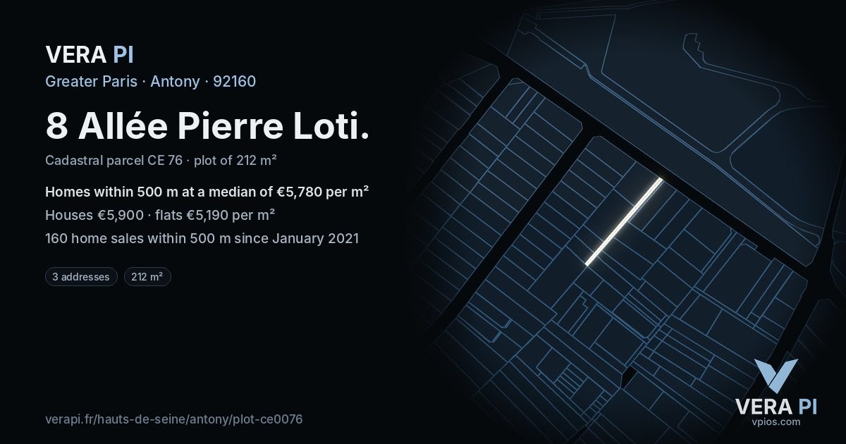 8 Allée Pierre Loti, Antony at night – the plot lit, the parcels around coloured by the prices near them