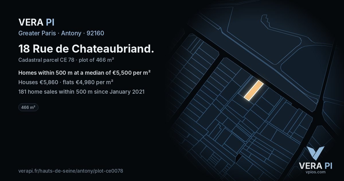 18 Rue de Chateaubriand, Antony at night – the plot lit, the parcels around coloured by the prices near them
