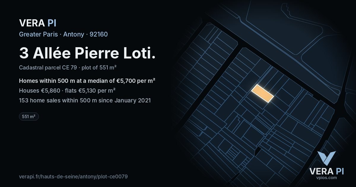 3 Allée Pierre Loti, Antony at night – the plot lit, the parcels around coloured by the prices near them