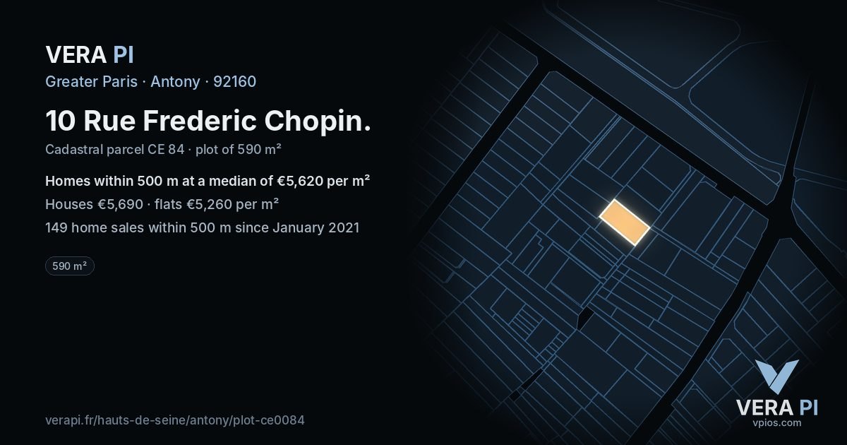 10 Rue Frederic Chopin, Antony at night – the plot lit, the parcels around coloured by the prices near them