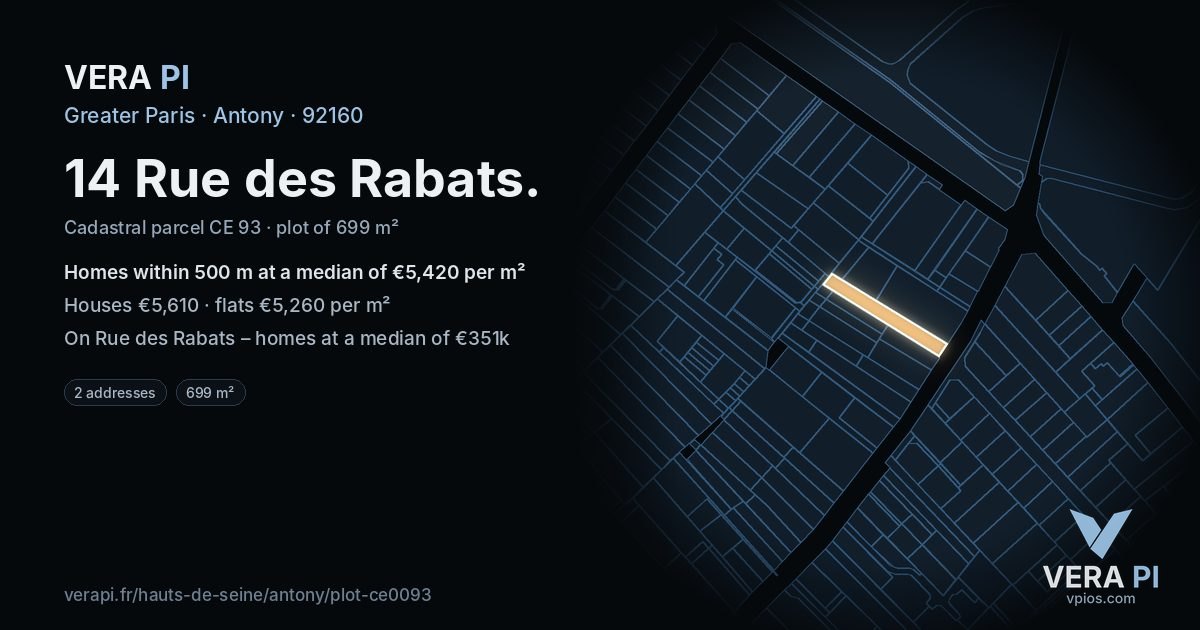 14 Rue des Rabats, Antony at night – the plot lit, the parcels around coloured by the prices near them