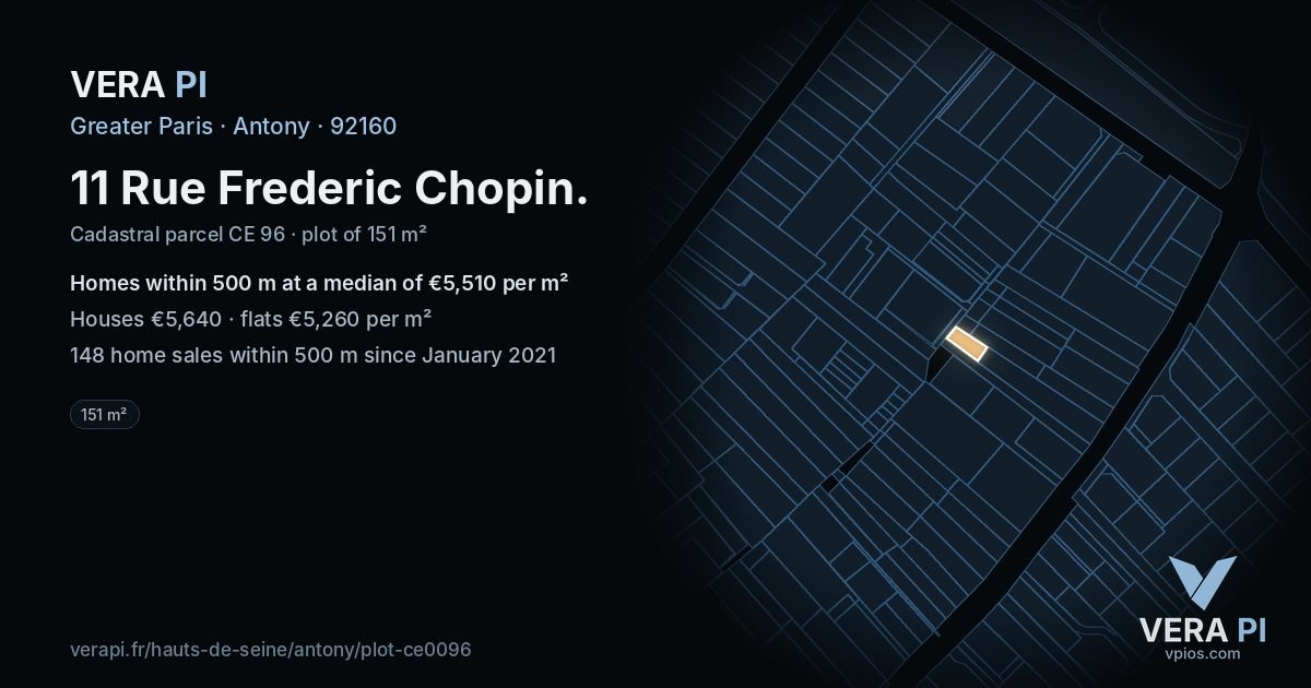 11 Rue Frederic Chopin, Antony at night – the plot lit, the parcels around coloured by the prices near them