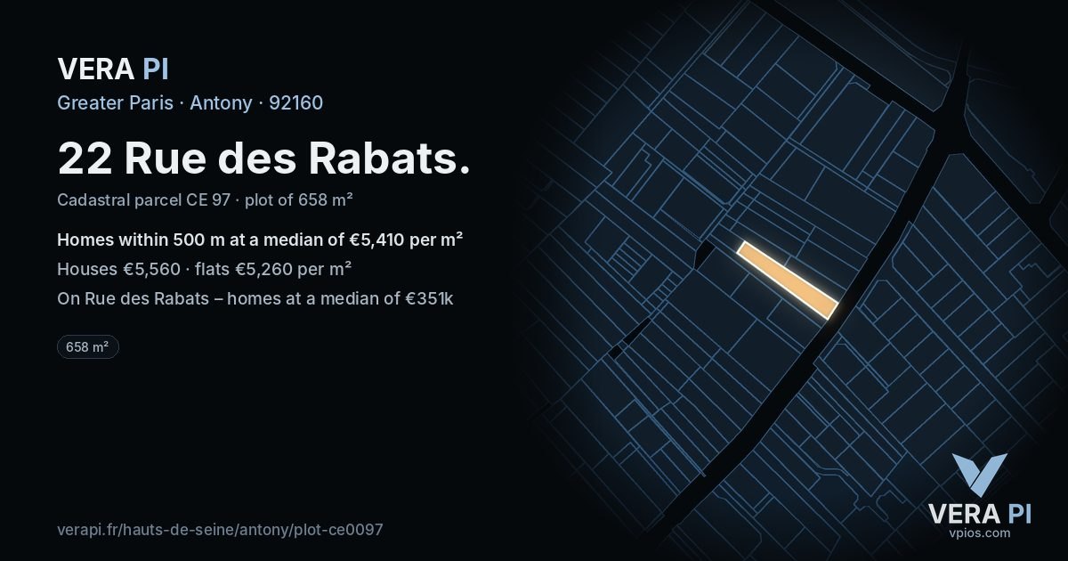 22 Rue des Rabats, Antony at night – the plot lit, the parcels around coloured by the prices near them