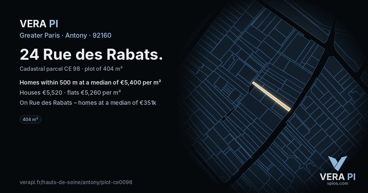 24 Rue des Rabats, Antony at night – the plot lit, the parcels around coloured by the prices near them