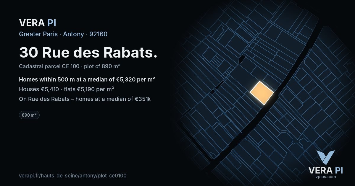 30 Rue des Rabats, Antony at night – the plot lit, the parcels around coloured by the prices near them