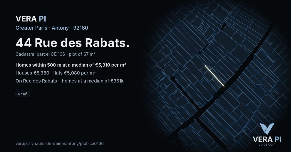 44 Rue des Rabats, Antony at night – the plot lit, the parcels around coloured by the prices near them