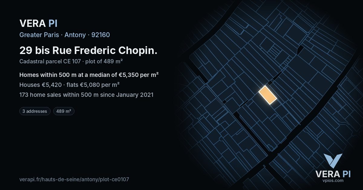29 bis Rue Frederic Chopin, Antony at night – the plot lit, the parcels around coloured by the prices near them