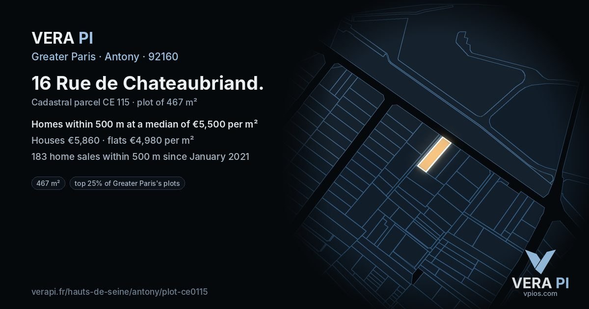 16 Rue de Chateaubriand, Antony at night – the plot lit, the parcels around coloured by the prices near them
