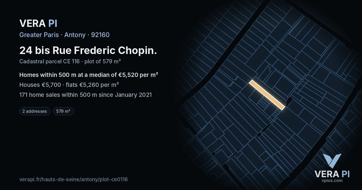 24 bis Rue Frederic Chopin, Antony at night – the plot lit, the parcels around coloured by the prices near them