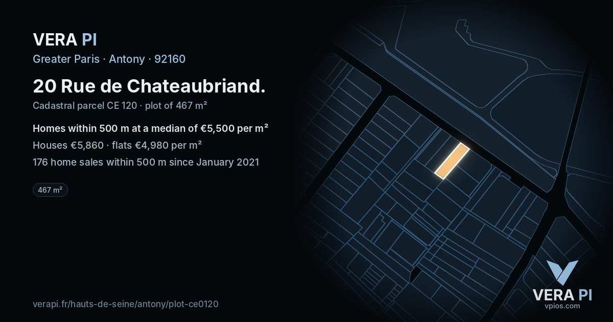 20 Rue de Chateaubriand, Antony at night – the plot lit, the parcels around coloured by the prices near them