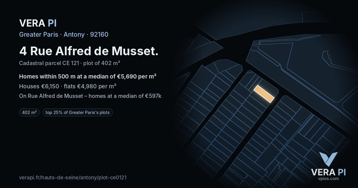 4 Rue Alfred de Musset, Antony at night – the plot lit, the parcels around coloured by the prices near them