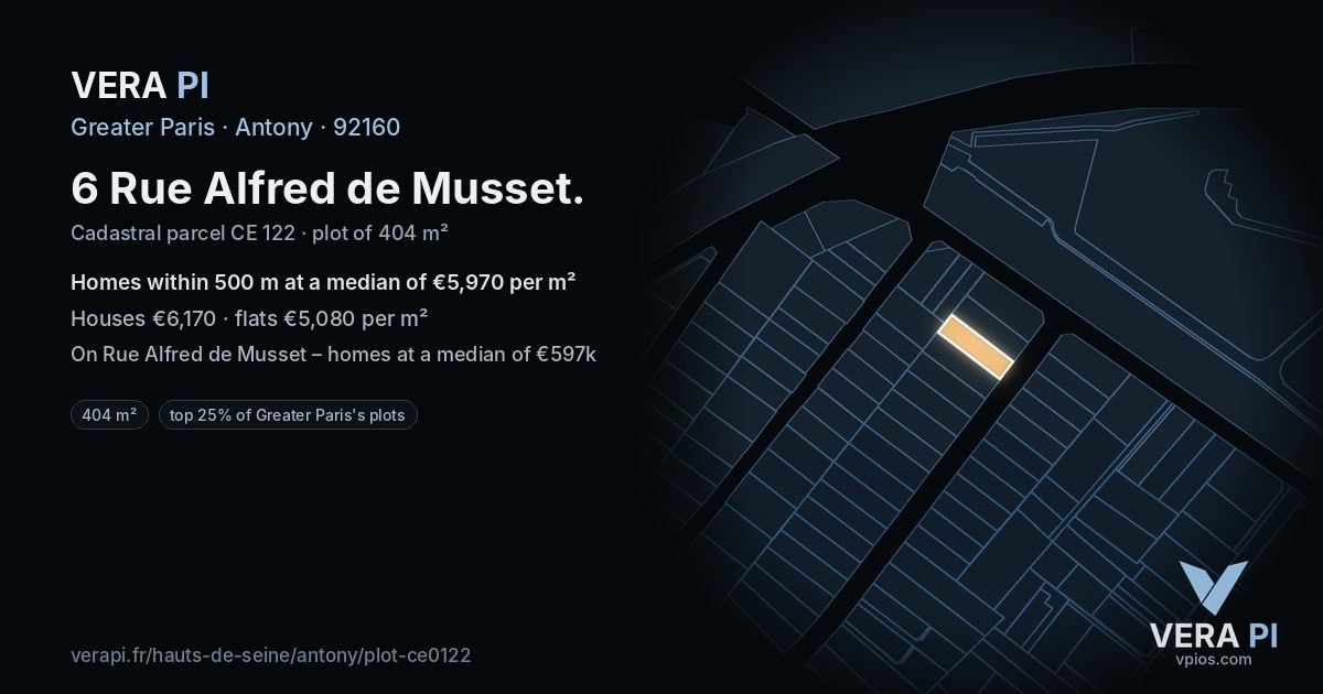 6 Rue Alfred de Musset, Antony at night – the plot lit, the parcels around coloured by the prices near them