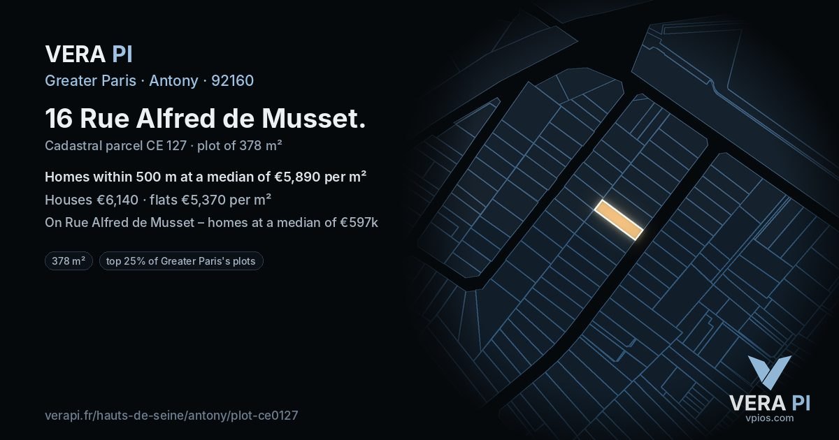 16 Rue Alfred de Musset, Antony at night – the plot lit, the parcels around coloured by the prices near them