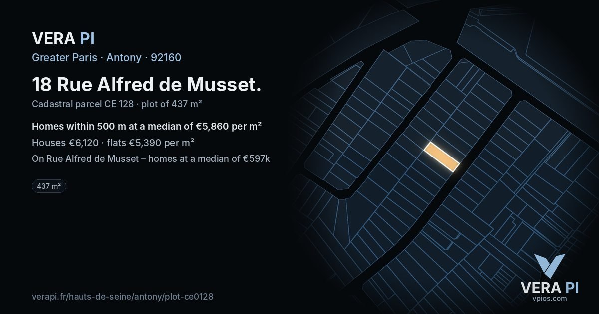 18 Rue Alfred de Musset, Antony at night – the plot lit, the parcels around coloured by the prices near them