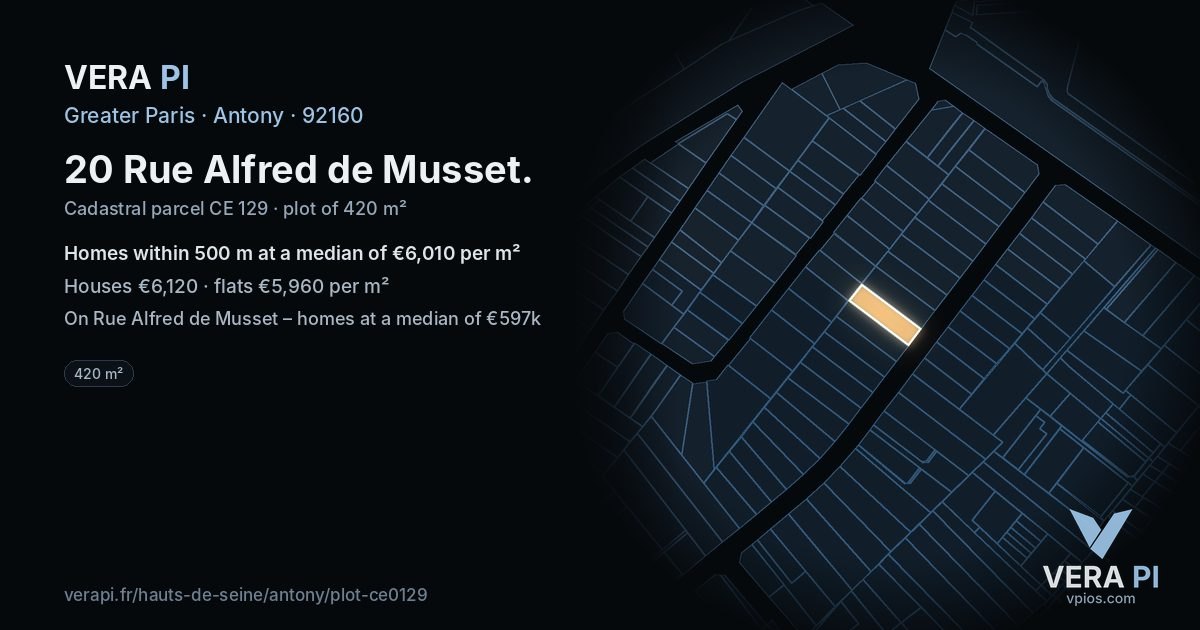 20 Rue Alfred de Musset, Antony at night – the plot lit, the parcels around coloured by the prices near them