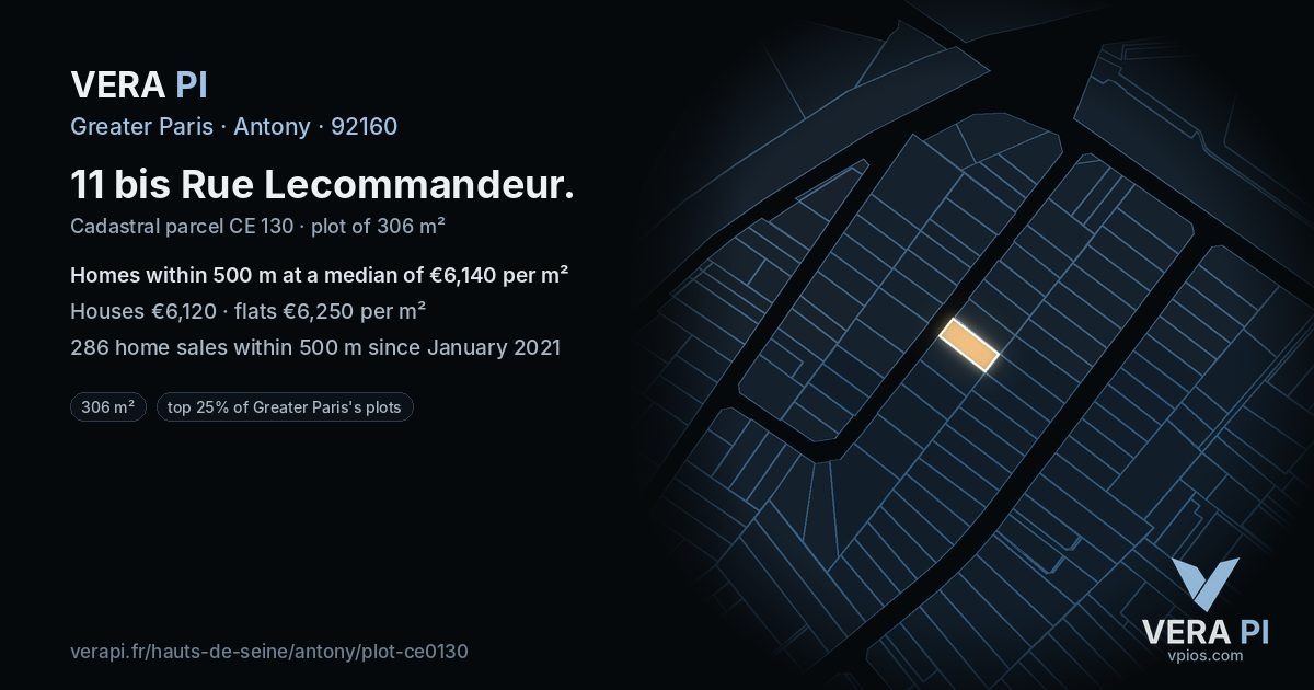 11 bis Rue Lecommandeur, Antony at night – the plot lit, the parcels around coloured by the prices near them