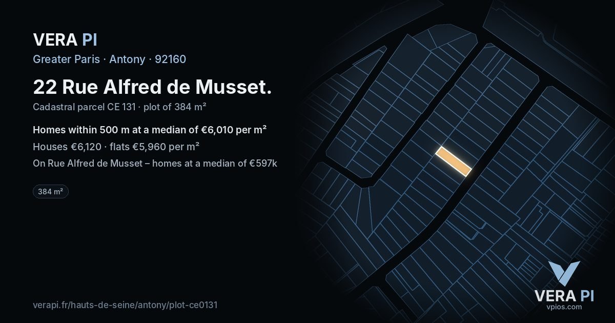 22 Rue Alfred de Musset, Antony at night – the plot lit, the parcels around coloured by the prices near them