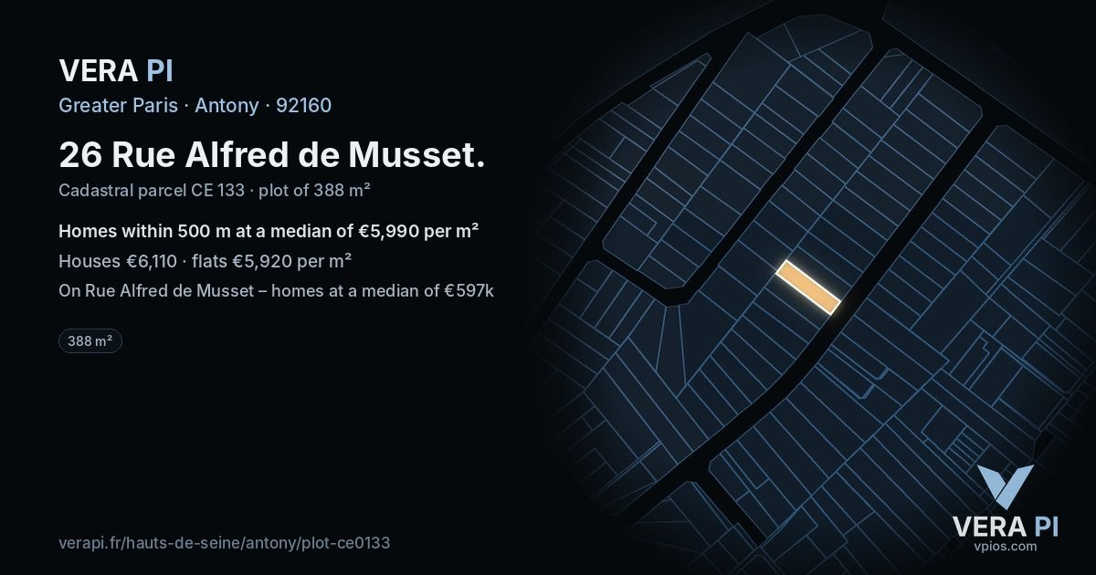 26 Rue Alfred de Musset, Antony at night – the plot lit, the parcels around coloured by the prices near them