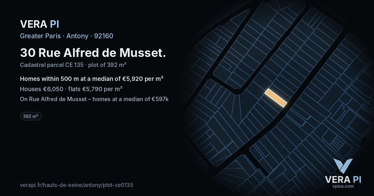 30 Rue Alfred de Musset, Antony at night – the plot lit, the parcels around coloured by the prices near them