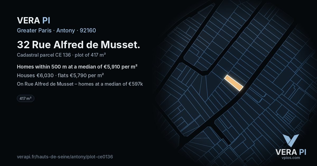 32 Rue Alfred de Musset, Antony at night – the plot lit, the parcels around coloured by the prices near them