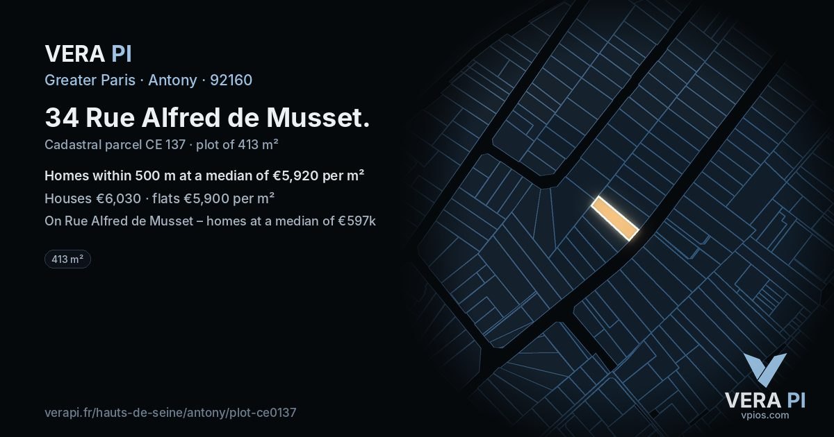 34 Rue Alfred de Musset, Antony at night – the plot lit, the parcels around coloured by the prices near them