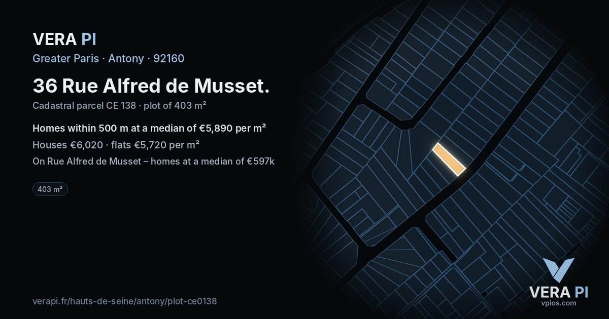 36 Rue Alfred de Musset, Antony at night – the plot lit, the parcels around coloured by the prices near them