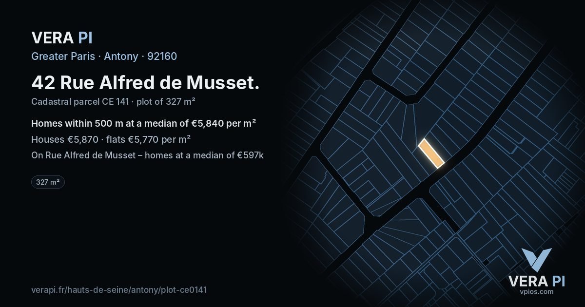 42 Rue Alfred de Musset, Antony at night – the plot lit, the parcels around coloured by the prices near them