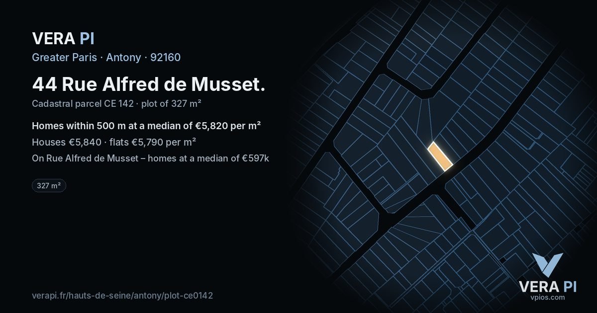 44 Rue Alfred de Musset, Antony at night – the plot lit, the parcels around coloured by the prices near them