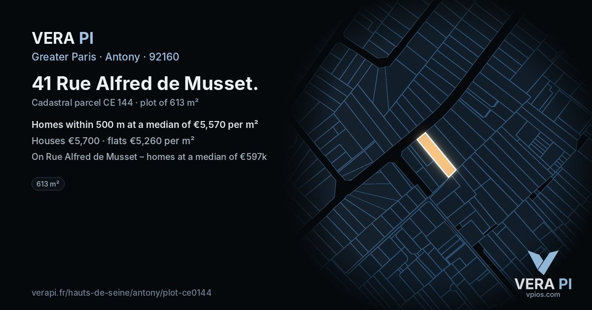 41 Rue Alfred de Musset, Antony at night – the plot lit, the parcels around coloured by the prices near them