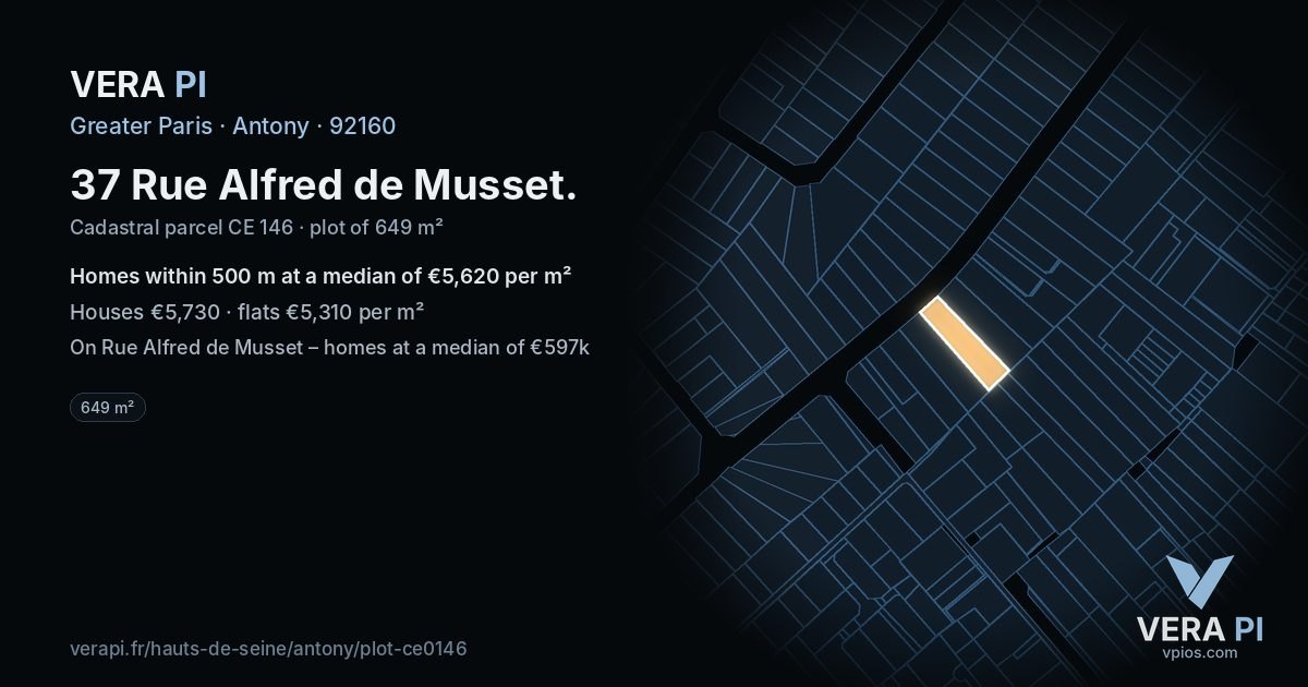 37 Rue Alfred de Musset, Antony at night – the plot lit, the parcels around coloured by the prices near them