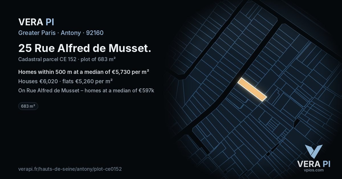 25 Rue Alfred de Musset, Antony at night – the plot lit, the parcels around coloured by the prices near them