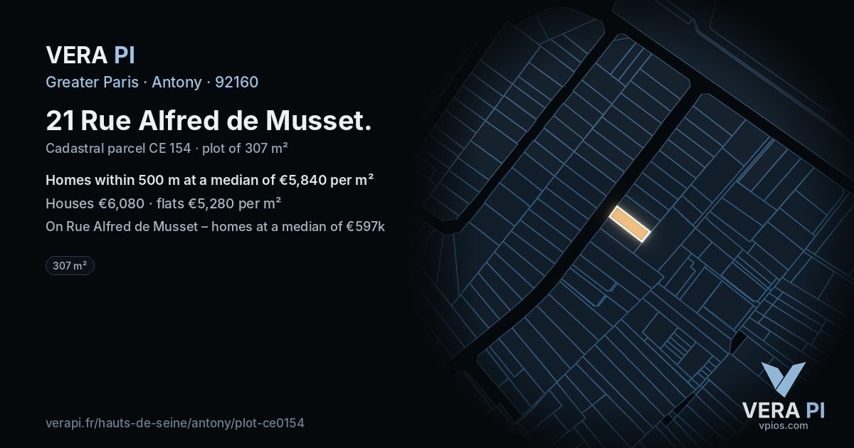 21 Rue Alfred de Musset, Antony at night – the plot lit, the parcels around coloured by the prices near them