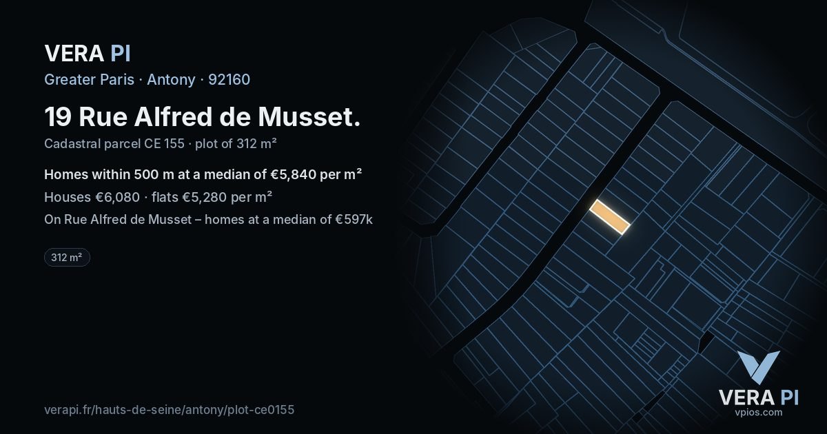 19 Rue Alfred de Musset, Antony at night – the plot lit, the parcels around coloured by the prices near them