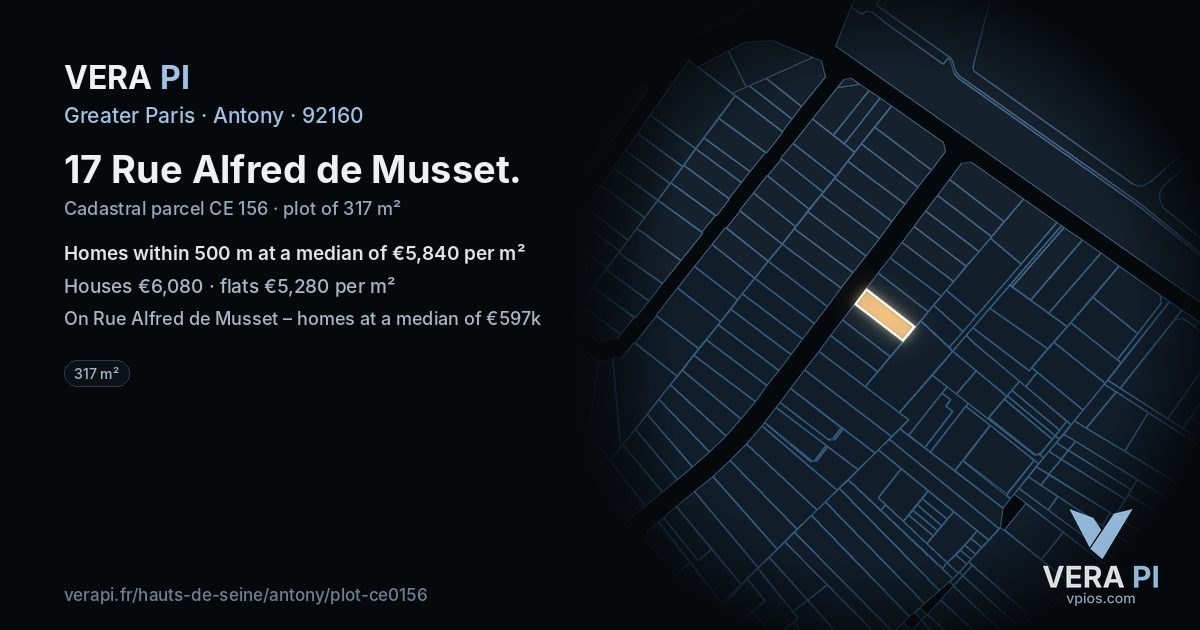 17 Rue Alfred de Musset, Antony at night – the plot lit, the parcels around coloured by the prices near them