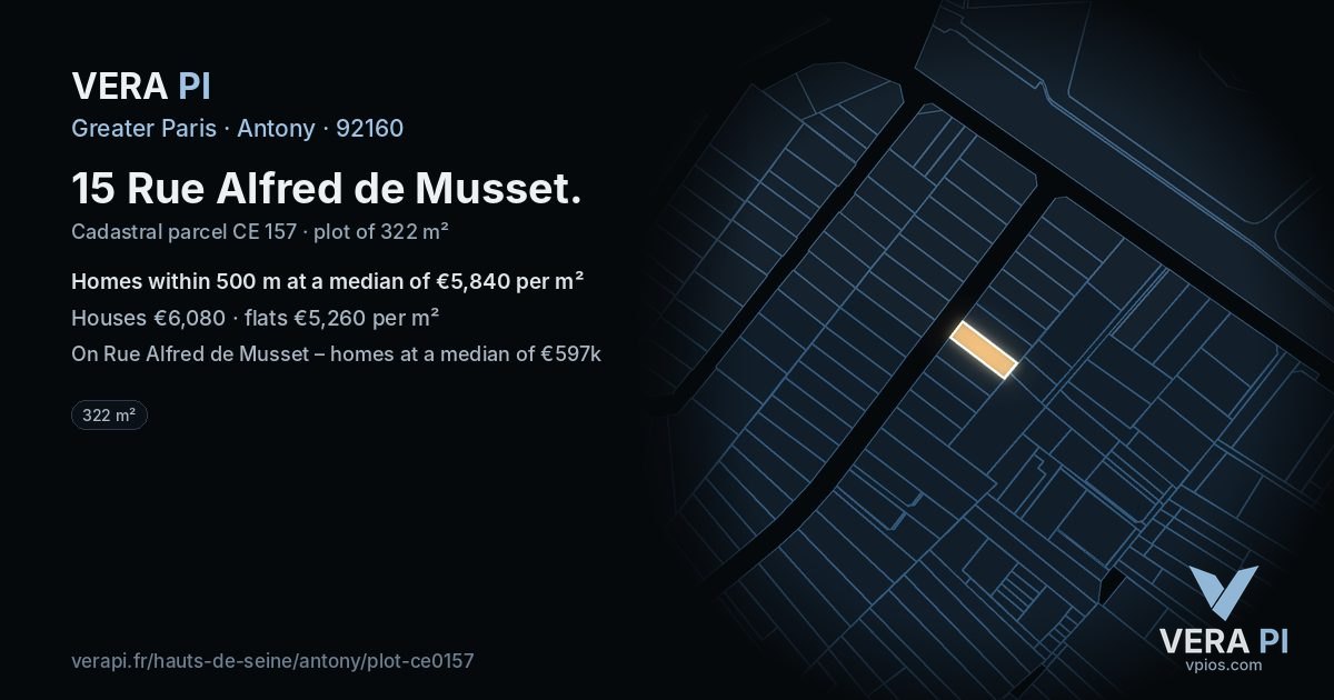 15 Rue Alfred de Musset, Antony at night – the plot lit, the parcels around coloured by the prices near them