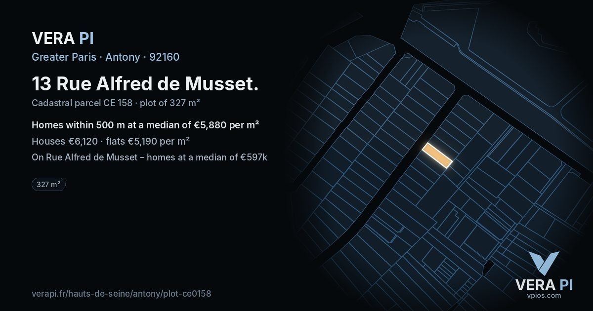13 Rue Alfred de Musset, Antony at night – the plot lit, the parcels around coloured by the prices near them