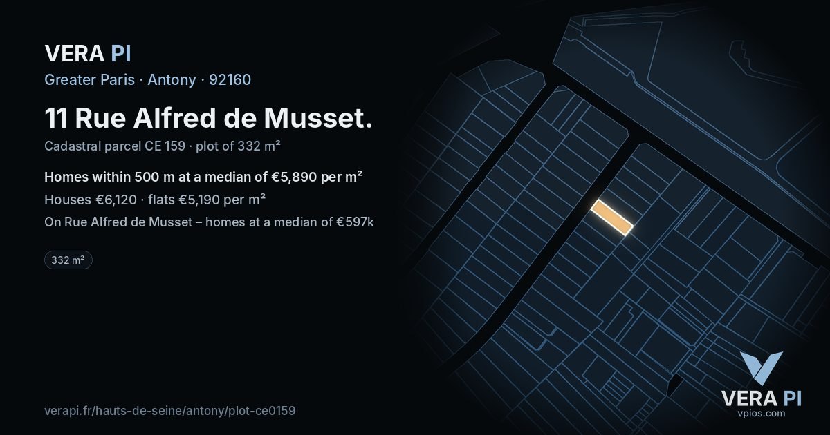 11 Rue Alfred de Musset, Antony at night – the plot lit, the parcels around coloured by the prices near them
