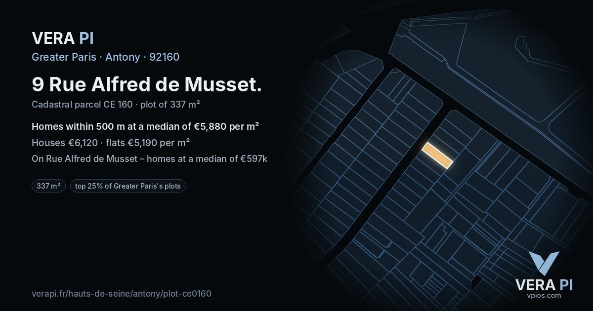 9 Rue Alfred de Musset, Antony at night – the plot lit, the parcels around coloured by the prices near them
